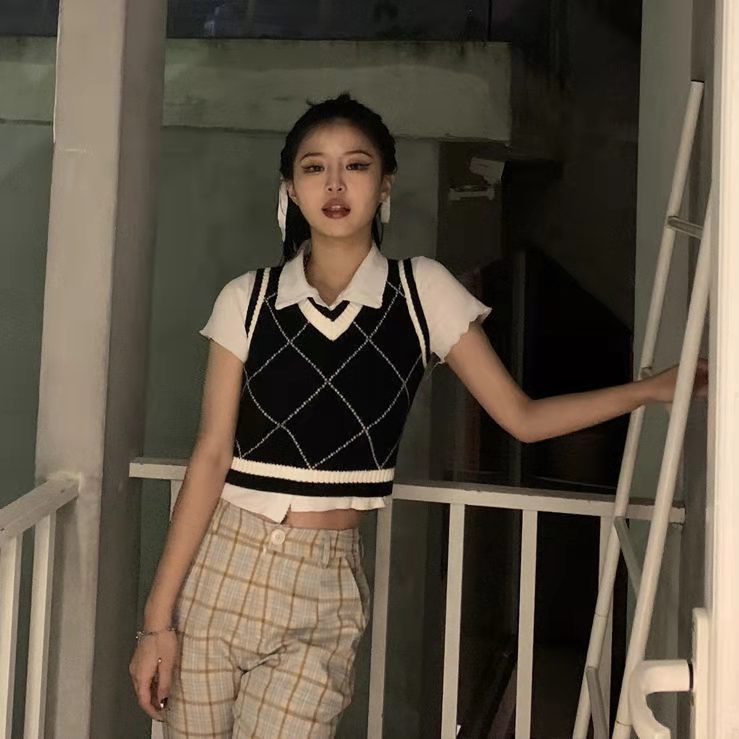 Áo len không tay cổ chữ V họa tiết sọc caro thời trang cho nữ | BigBuy360 - bigbuy360.vn