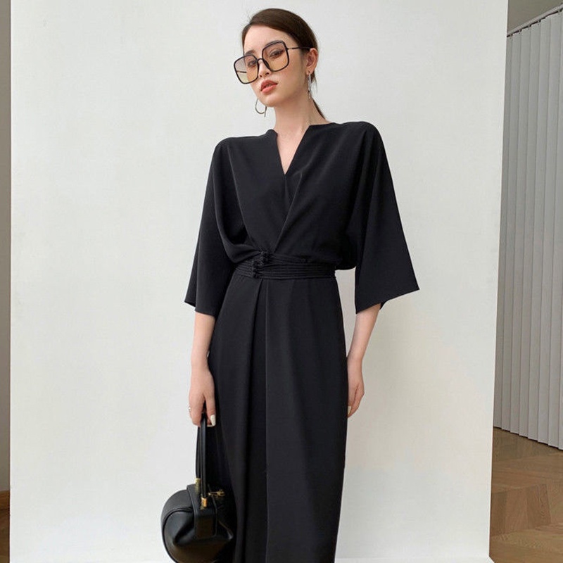 Đầm Nữ Cổ Chữ V Có Nút Gài Phong Cách Vintage Thời Trang