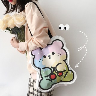 Túi Xách Vải Canvas Cỡ Lớn In Hình Gấu Màu Cầu Vồng Dễ Thương Phong Cách Hàn Quốc Cho Nữ