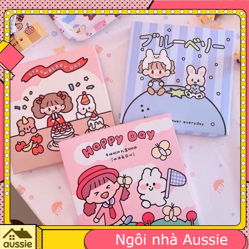Hộp sticker 100 tấm, set washi sticker trang trí sổ tay nhật kí siêu đáng yêu