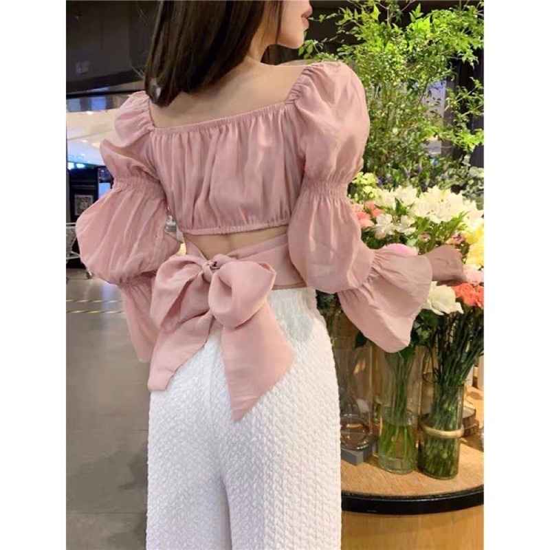 Hàng mới áo croptop trễ vai voan tay dài thắt nơ sau eo tiểu thư bánh bèo