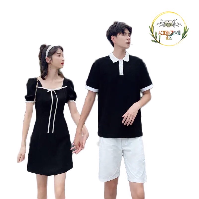 Váy thun đôi nam nữ phối cổ trụ viền trắng kinh điển