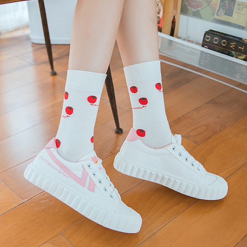 Tất Nam Nữ Cổ Cao Unisex Họa Tiết Hoa Quả Phong Cách Dễ Thương