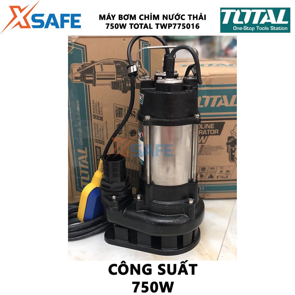 Máy bơm chìm chất thải TOTAL TWP775016 Máy bơm nước thải 750W, vỏ bơm thép không gỉ bền bỉ - Chính hãng