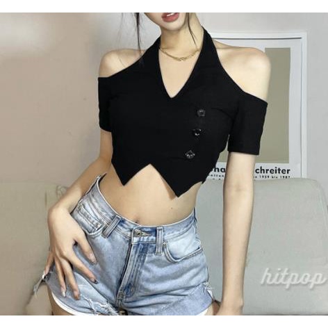 Hitpop-Women Casual Crop Tops, Short Sleeve Solid Color Backless Button Slim-Fit Halter Tops