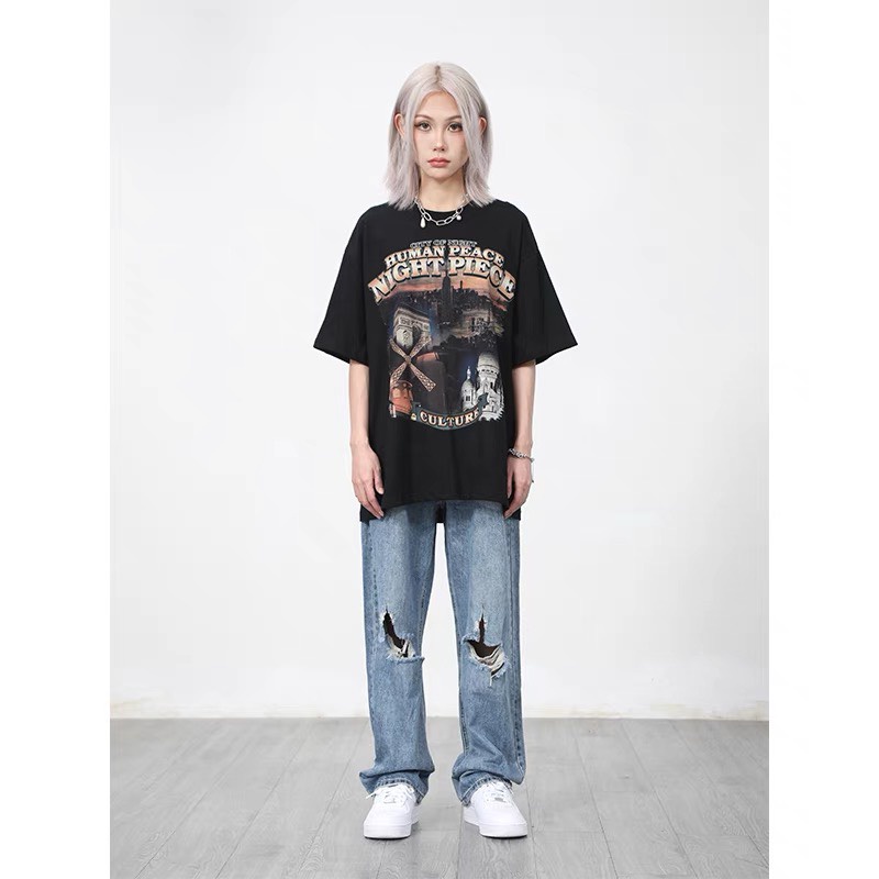 Áo Thun Tay Lỡ 100% Cotton 2 Chiều Dáng Rộng Unisex, Áo Phông Nam Nữ Oversize Hình In HUMAN PEACE