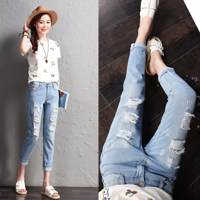 Quần Denim Nữ Kiểu Dáng Hàn Quốc, Quần Jean 9 Tất Cạp Chun Co Giãn