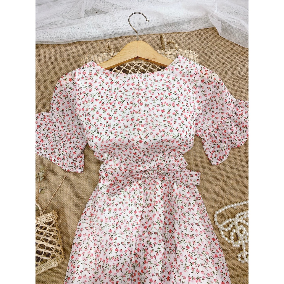 ĐẦM VÁY VOAN HOA NHÍ CỔ TRÒN TAY LỠ BÈO PHỐI CÁCH ĐIỆU  - Hình Shop Chụp Thật