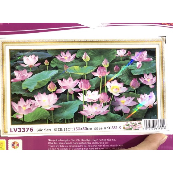 Tranh Thêu-Tranh Đính Đá Đầm Sen-Sắc Sen Lv3376 (150x80) cm - tranh chưa thêu