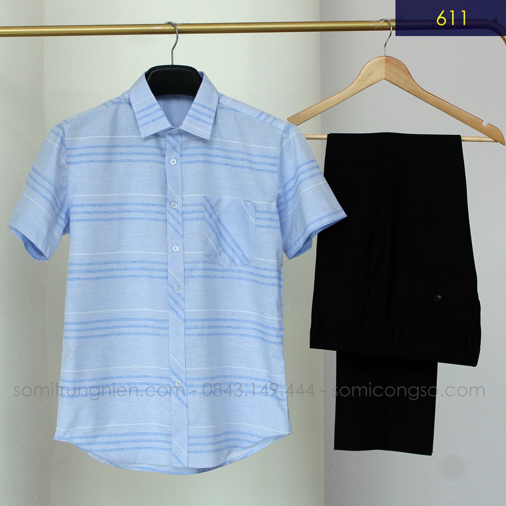 Áo sơ mi nam ngắn tay vải 100% Cotton màu xanh nhạt sọc ngang thương hiệu Anton – GD 611