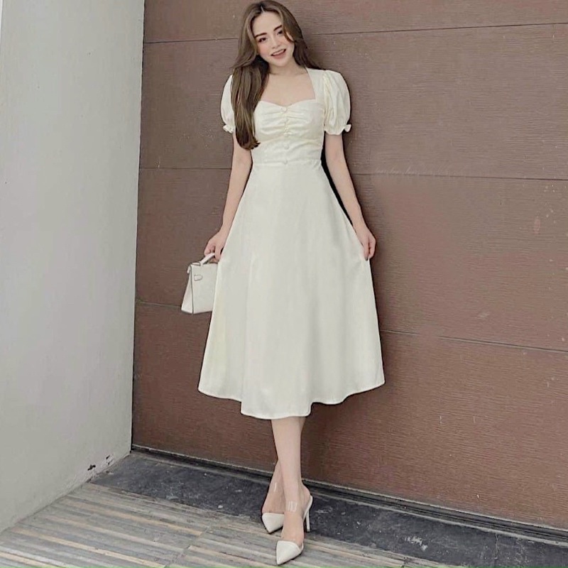 Đầm váy nhúng ngực nút bọc 2 màu
