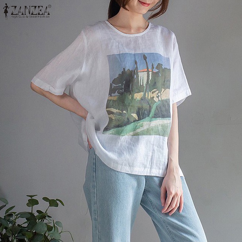 Zanzea Áo Tay Ngắn Cổ Tròn In Họa Tiết Phong Cách Cổ Điển Dành Cho Nữ