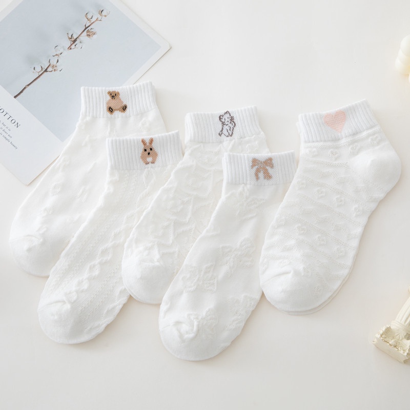 Set 5 Đôi Tất Nữ Cotton Mỏng Tone Trắng Gân Nổi Hoạ Tiết Nhỏ Dễ Thương
