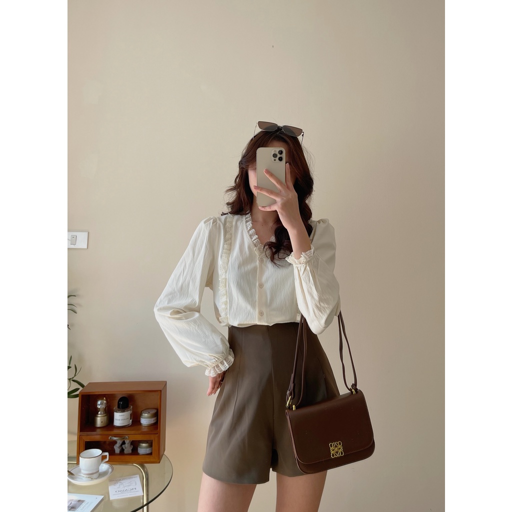 Áo sơ mi cổ V viền ren A-22005, áo sơmi nữ kiểu cổ đáp ren