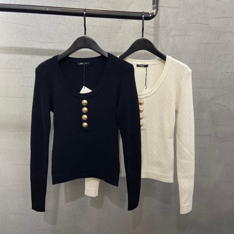 Áo len gân nữ dài tay cổ tròn khuy ánh vàng dáng ôm thương hiệu thời trang cao cấp Balmain