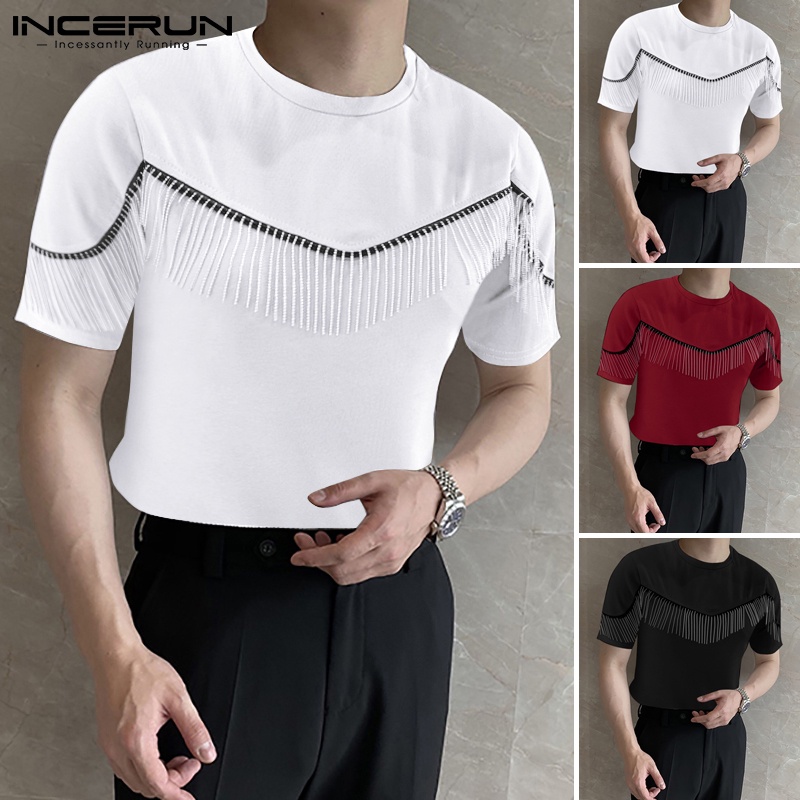Áo thun INCERUN ngắn tay cổ tròn phối tua rua 3 màu tùy chọn phong cách thời trang cho nam