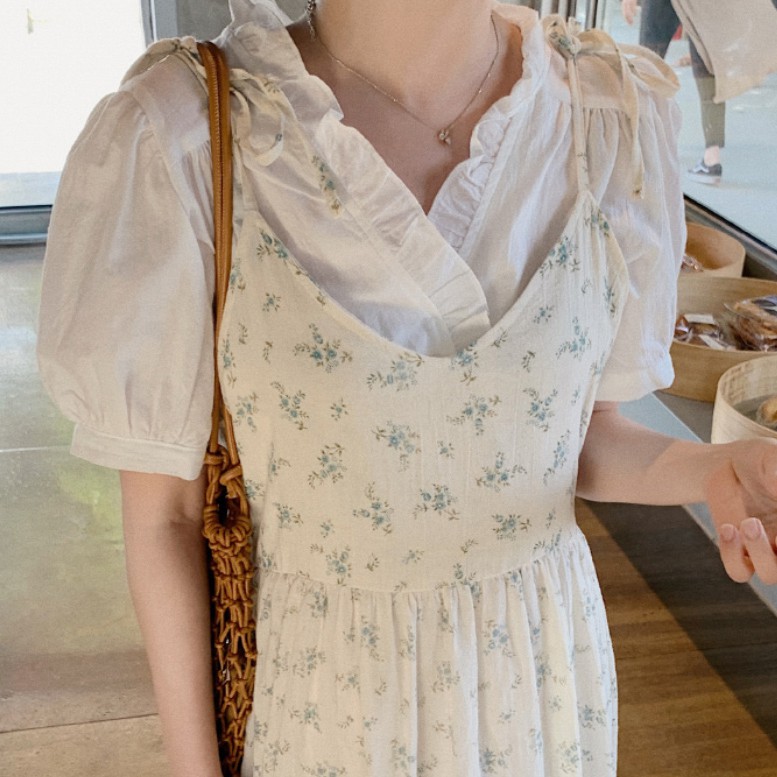 Áo sơ mi nữ bèo nhún màu trơn tay ngắn phong cách mới 43046