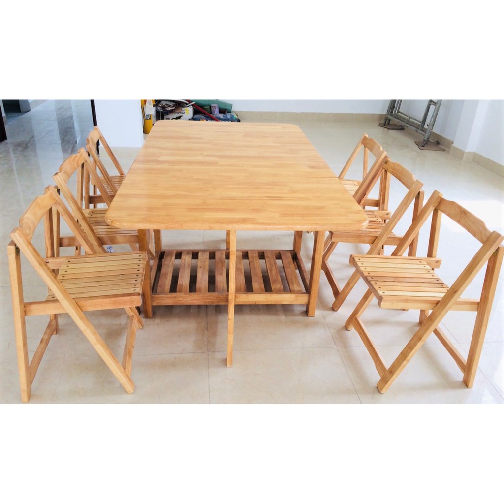 Bộ Bàn Ăn Xếp Gỗ Cao Su 90x1m6 và 06 Ghế Gỗ Xếp Dày Dặn - Hàng VN Xuất Khẩu