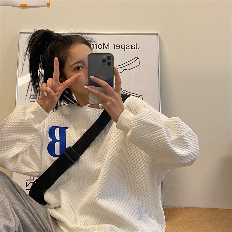 【ZHELIHANGFEI】Áo Thun Tay Dài Cổ Tròn Form Rộng Họa Tiết Kẻ Sọc Hợp Thời Trang