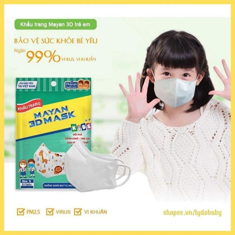 Khẩu trang y tế cho bé 4 lớp cao cấp Mayan 3d mask n95 trẻ em 3 tuổi - 10 tuổi (5 chiếc 1 túi)