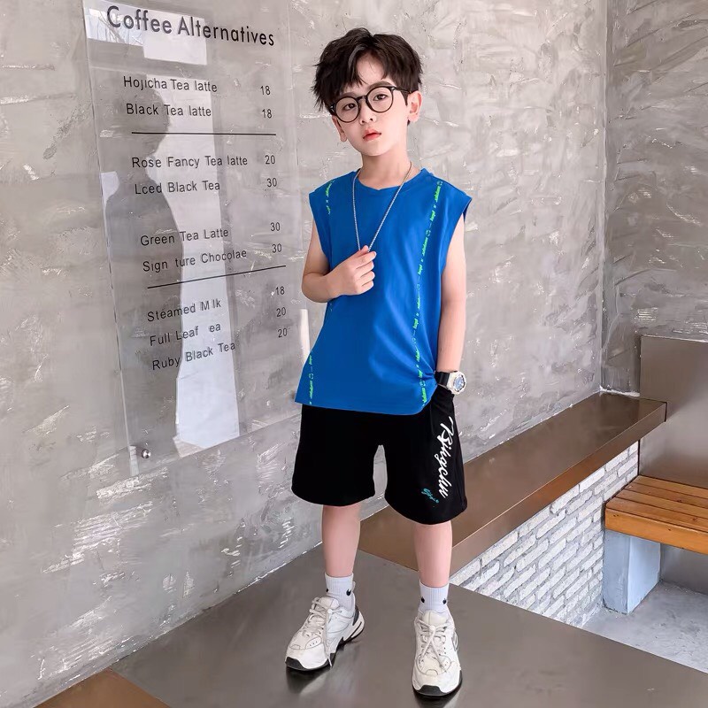 Đồ bộ bé trai Con Xinh cotton sát nách mùa hè họa tiết chữ dọc Play,quần áo dành cho trẻ em từ 14 đến 45kg