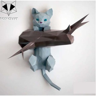 Mô hình giấy động vật decor trang trí tường Mèo kẹt cành cây 3D POLYCRAFT