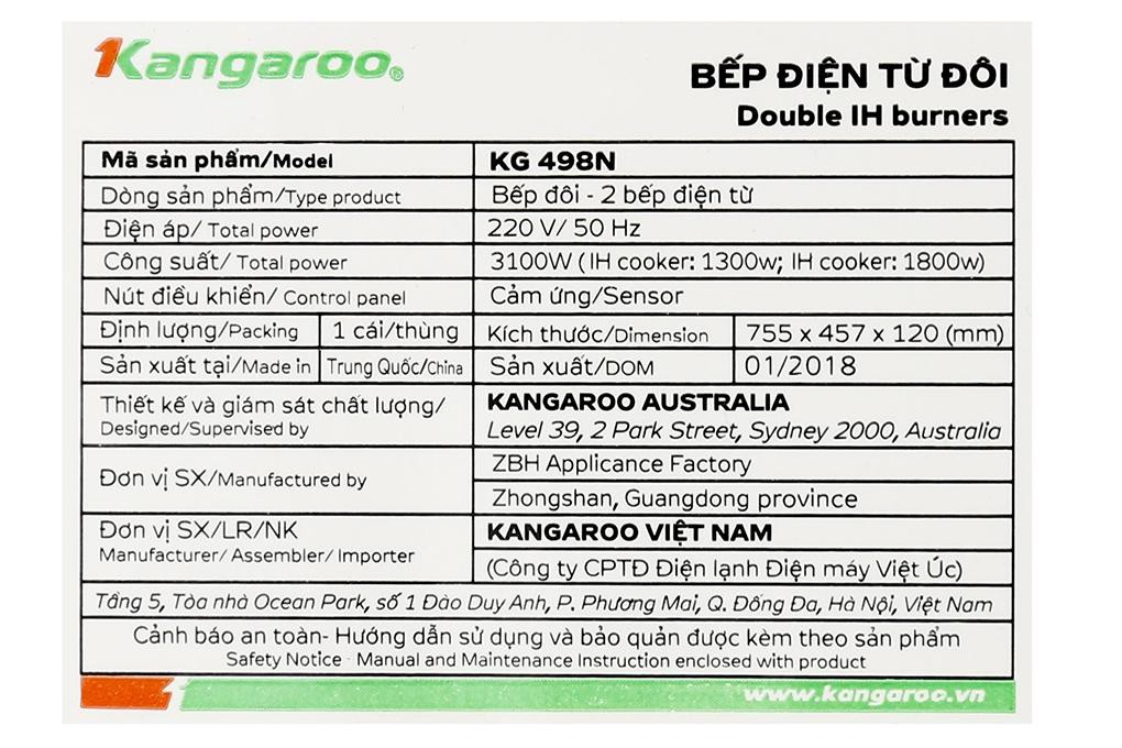 Bếp từ đôi Kangaroo KG498N chính hãng 100% Bếp từ có 2 lò đun, công suất tổng tới 3100 W, nấu ăn nhanh chóng.