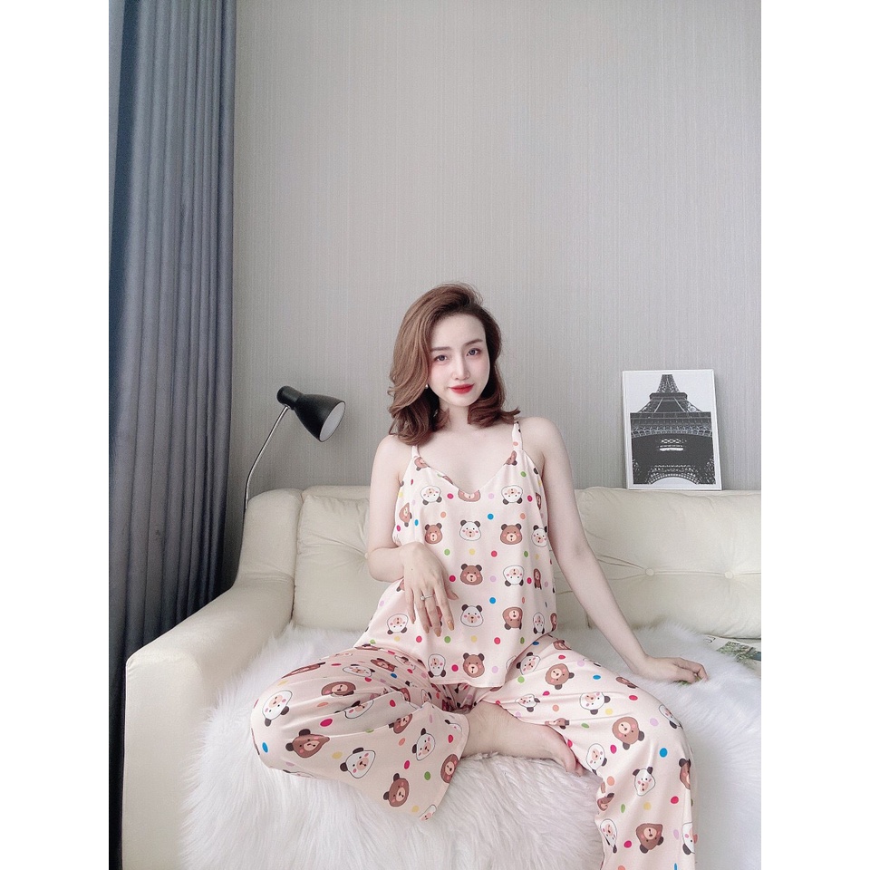 Bộ lụa hai dây chéo lưng họa tiết xinh xắn