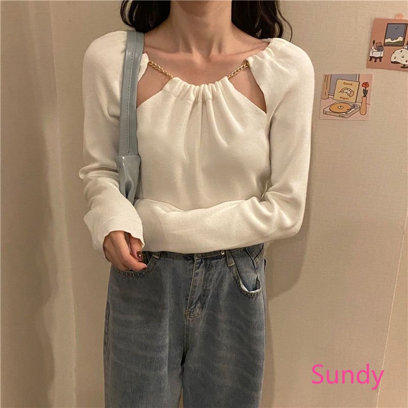 Áo Kiểu Tay Dài Phối Dây Xích Phong Cách Thời Trang Mùa Thu Hàn Quốc Cho Nữ