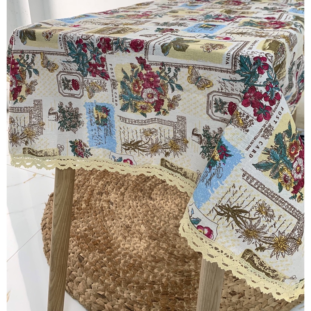 Khăn trải bàn vải canvas VIỀN REN họa tiết SÂN VƯỜN phong cách Nhật Bản nhẹ nhàng vintage