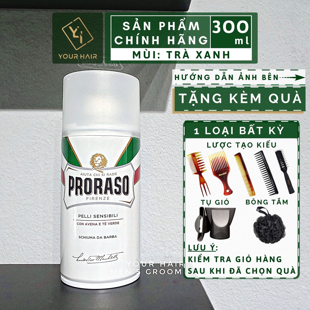 Bọt cạo râu cho da nhạy cảm Proraso Shaving Foam Sensitive Skin 300ml | Mùi Trà xanh, chanh, táo