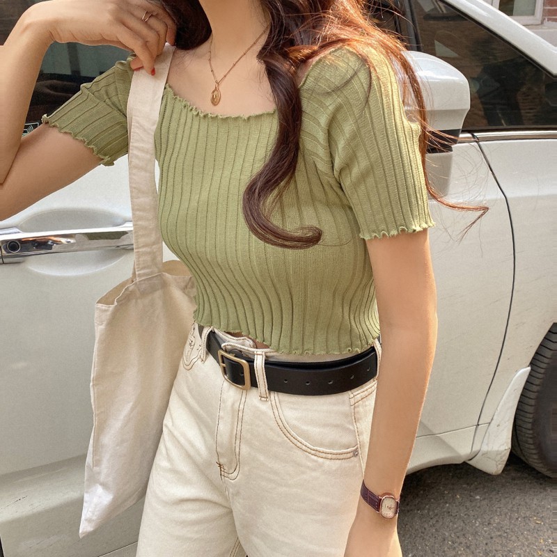 Xiaozhainv Áo Thun Trễ Vai Tay Ngắn Kiểu Dáng Sexy Theo Phong Cách Retro