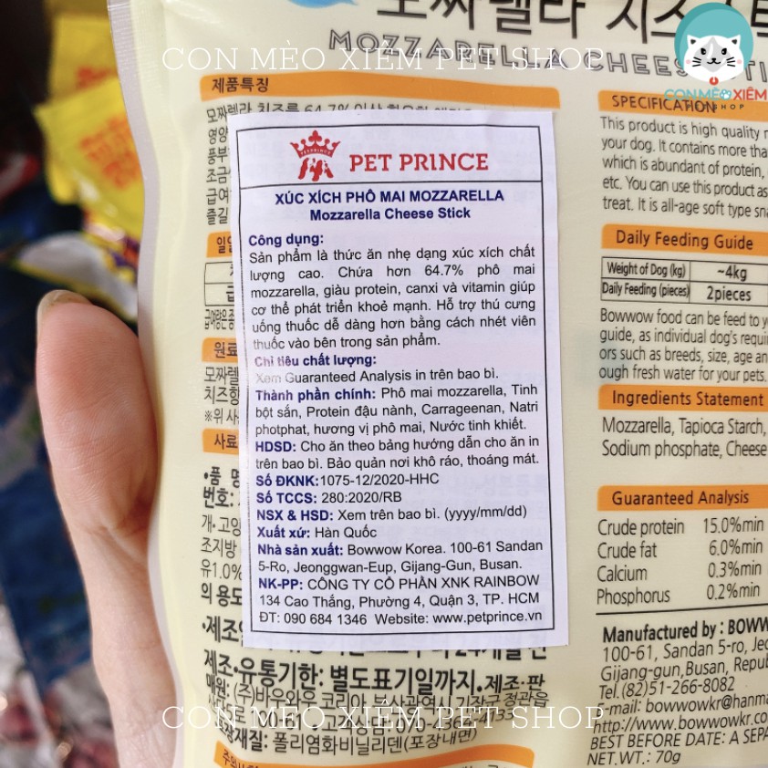 Xúc xích phô mai cho chó Bow wow mozzarella 70g, thức ăn vặt dinh dưỡng tăng cân cún lớn nhỏ Con Mèo Xiêm