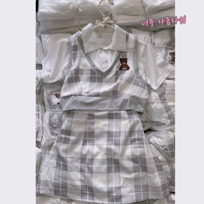 Set áo gile gấu teddy phối chân váy dễ thương