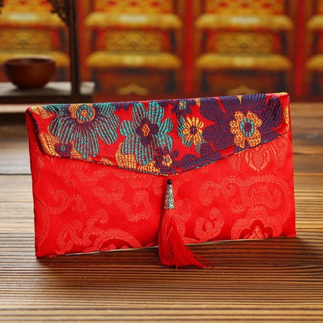 Lì xì vải gấm cao cấp dập vân nổi - Tua rua đính ngọc, bao lì xì vải gấm thêu chỉ nổi , bao lì xì tết