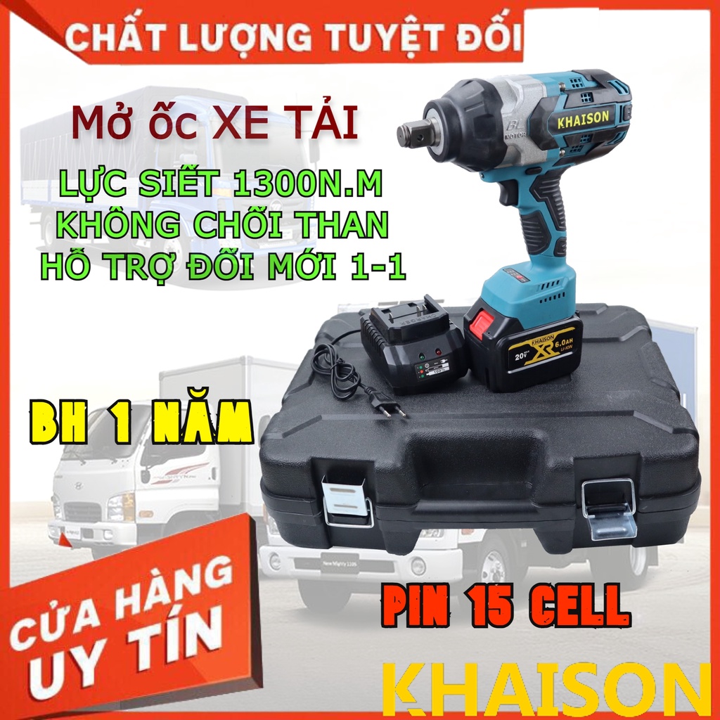 Máy siết mở bulong KHAISON công suất lớn 1300N.m đầu 3/4 inch pin 15 cell 6Ah mở ốc xe tải