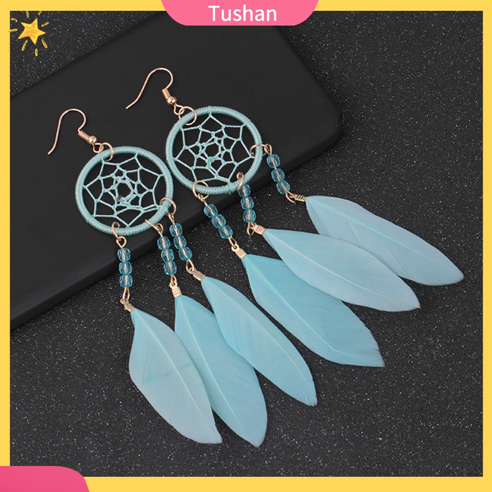 Đôi khuyên tai dài kiểu Dream Catcher gắn lông vũ thời trang cho nữ