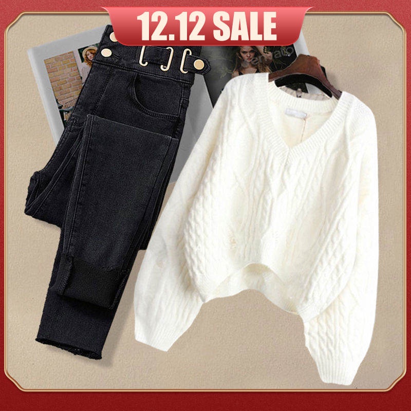 Bộ áo sweater dệt kim hai mảnh quần jean ngắn dáng rộng thời trang thu đông hàng mới dành cho bạn nữ 2021 [dùng trong 7 ngày]