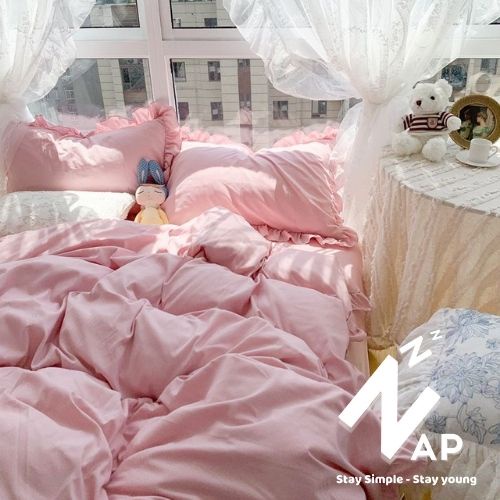 Bộ Chăn Ga Gối m6 m8 2m Napbedding Set 4 Món 2 Vỏ gối, drap, vỏ chăn Cotton TC Viền Bèo Màu Hồng Phấn Hàng Cao Cấp