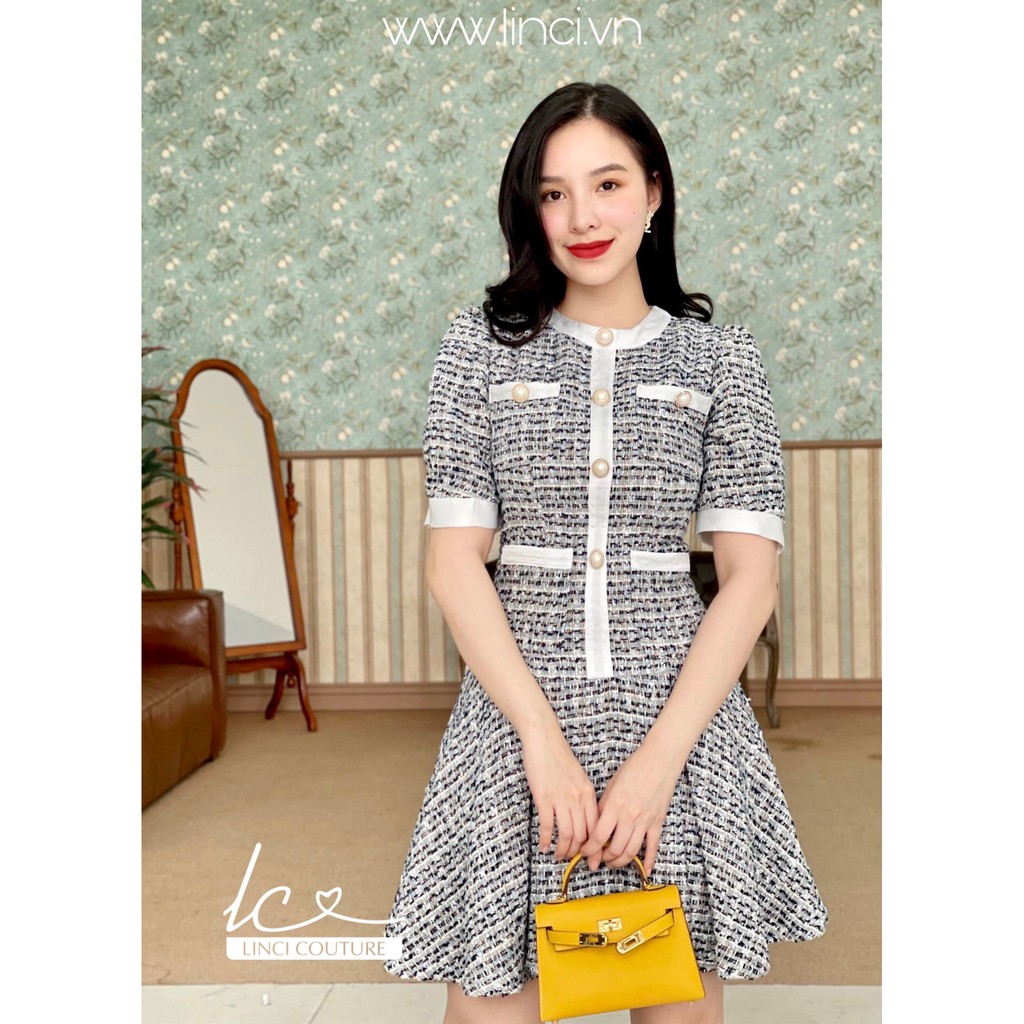 Váy kery dress chất tweed hàn màu xám, viền trắng. Váy tweed dáng ôm xòe nhẹ nhàng thu đông đi làm đi, đi chơi