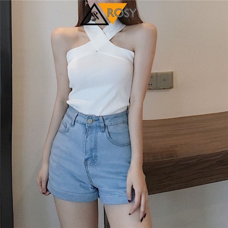 Áo kiểu nữ croptop cổ yếm chất thun ôm người siêu xinh
