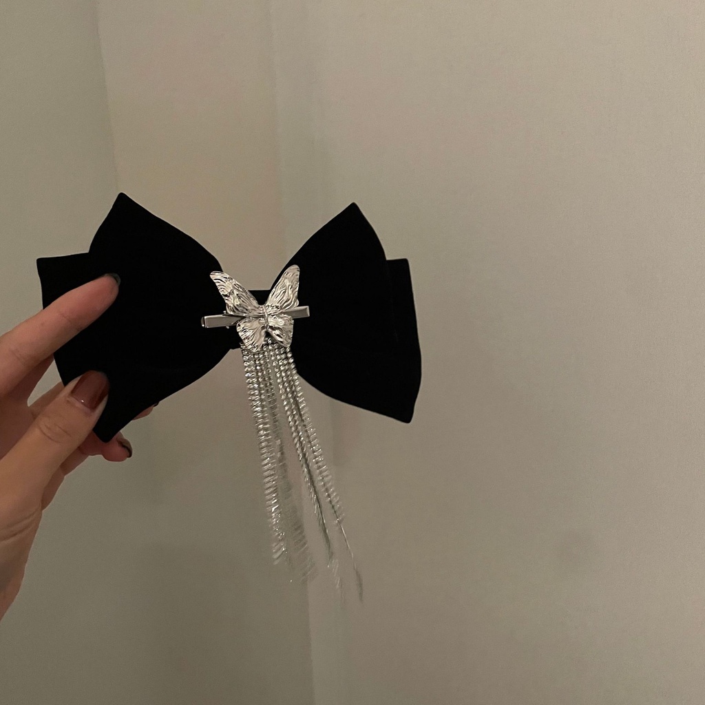 (0680) Kẹp Nơ To Đính Bướm Dây Rủ Tua Rua Tiểu Thư