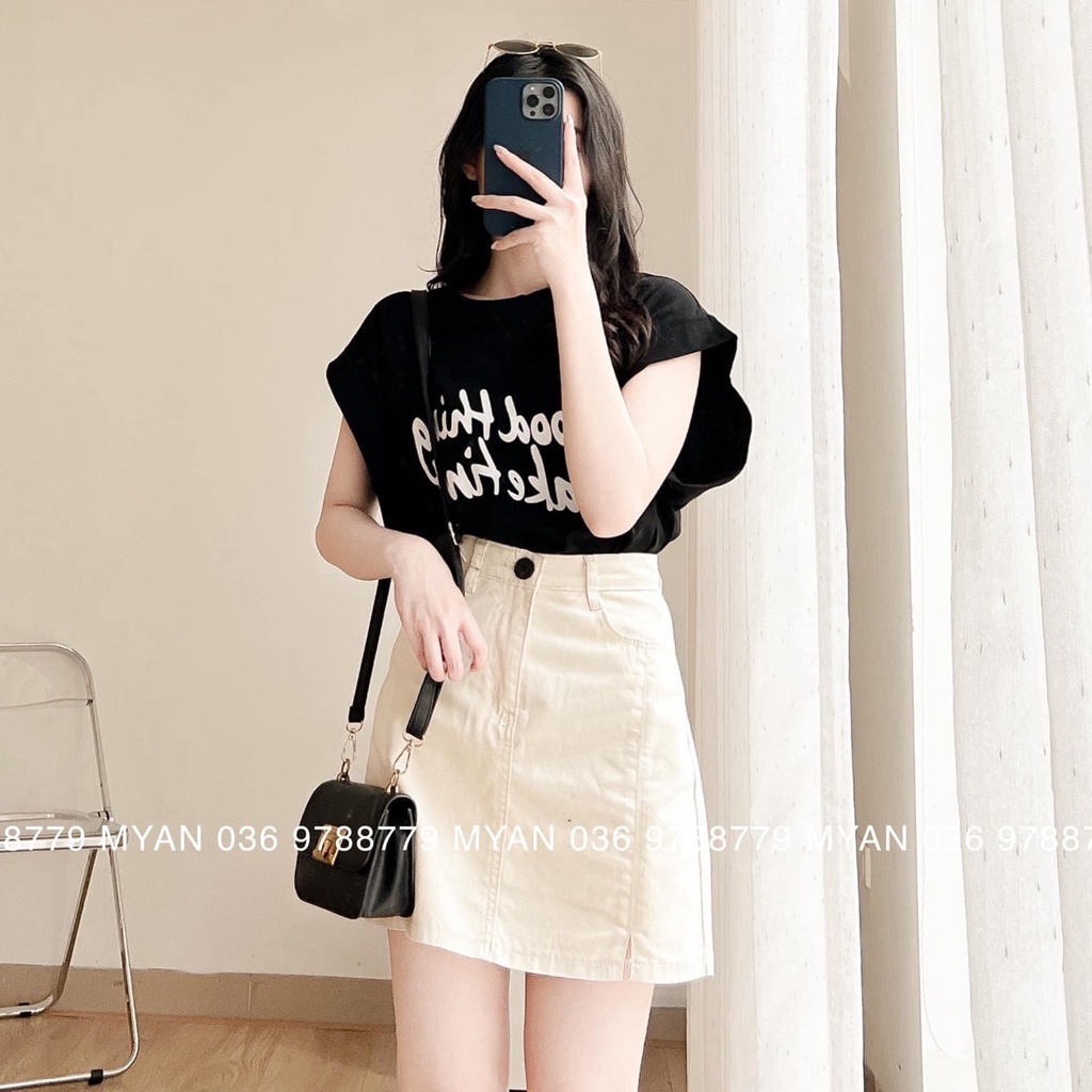 set chân váy mix áo thun , set áo phông hở vai và chân váy chữ A