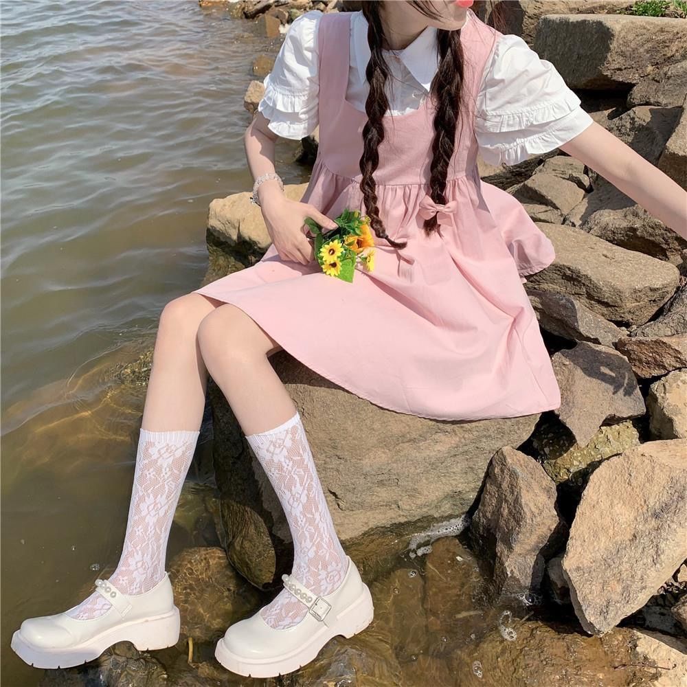 Set áo cánh hoa cổ điển + đầm hai dây lưng cao ngọt ngào cho nữ