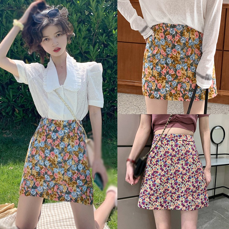 Chân Váy Mini Lưng Cao In Hoa Kiểu Retro Hàn Quốc Dễ Thương
