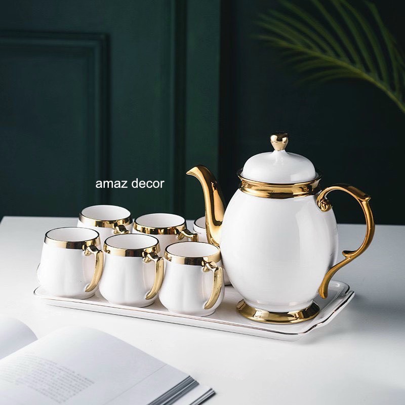 SALE NGHỈ TẾT Bộ bình ấm chén pha trà kèm tách khay sứ trắng cao cấp đẹp giá rẻ