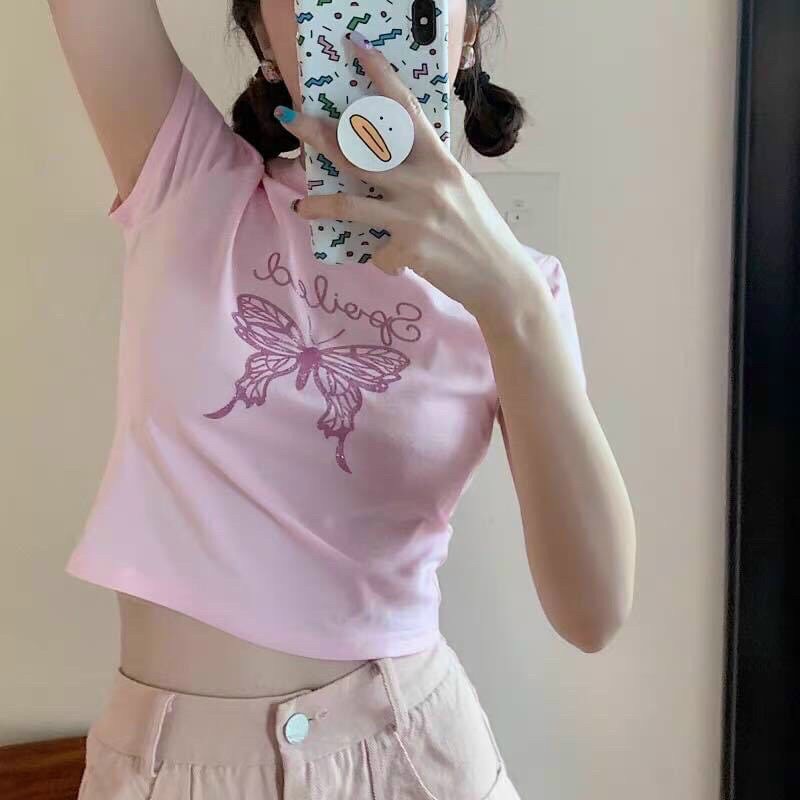 Áo croptop ôm màu hồng Pink Buterfly