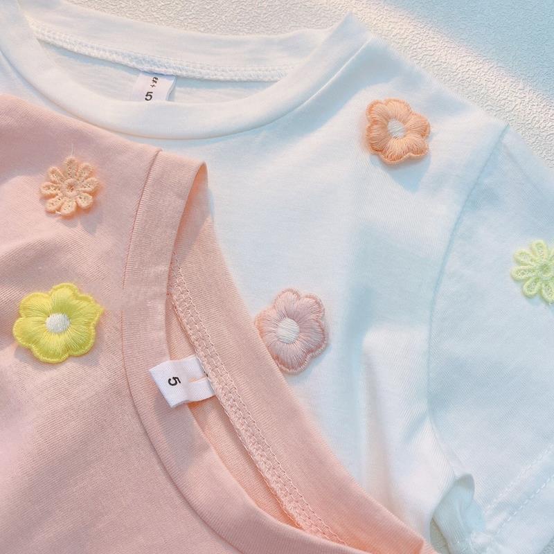 Áo thun cotton tay lỡ in họa tiết hoa dễ thương thời trang mùa hè phong cách Hàn Quốc cho bé gái