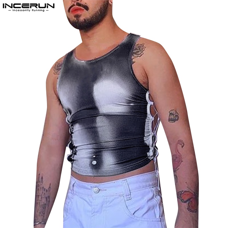 Áo tank top INCERUN cột dây bên hông in họa tiết cơ bắp thời trang quyến rũ cho nam