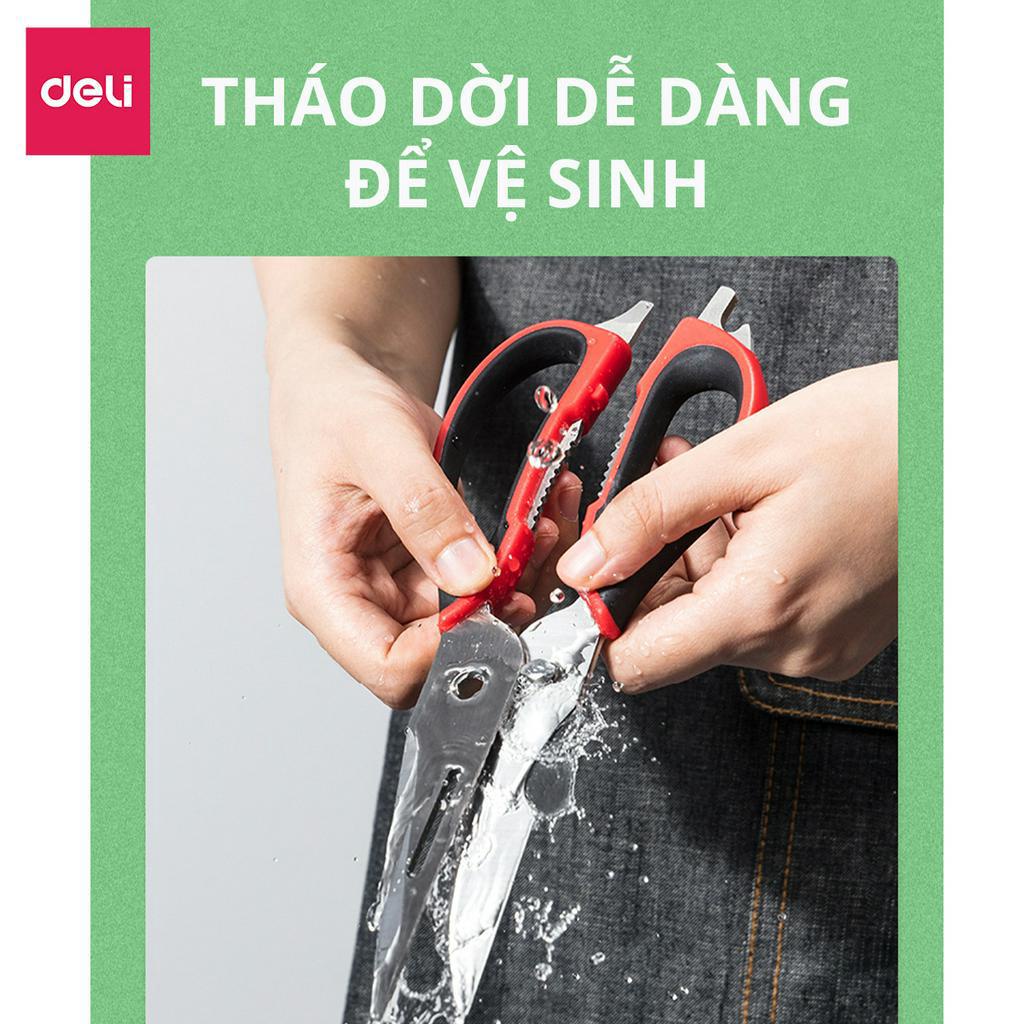 Kéo bếp lưỡi thép không gỉ tháo dời Deli Kéo cắt gà thịt, xương cạo vảy cá, mở nắp chai, kéo đa năng cao cấp - 77770